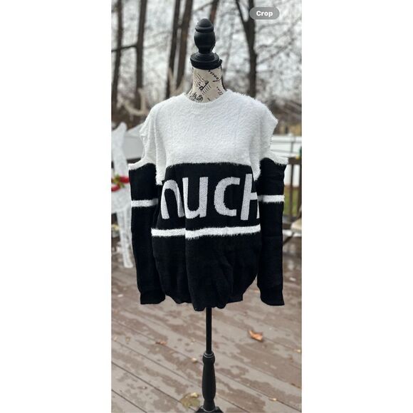 Oversized, cold shoulder, black and white fuzzy sweater. - Picture 1 of 12